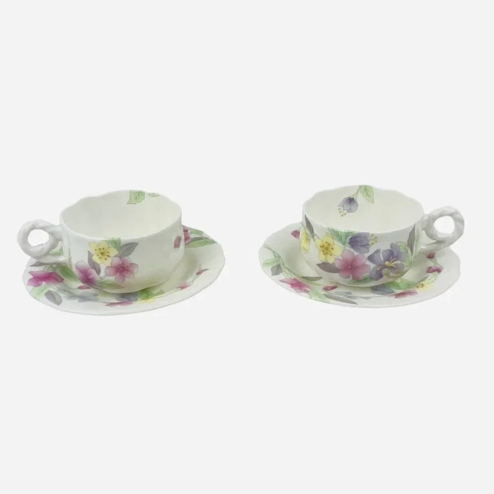 Hankook Bone China England Original Tech Teacup Saucers 2 Sets Korea NIB Floral